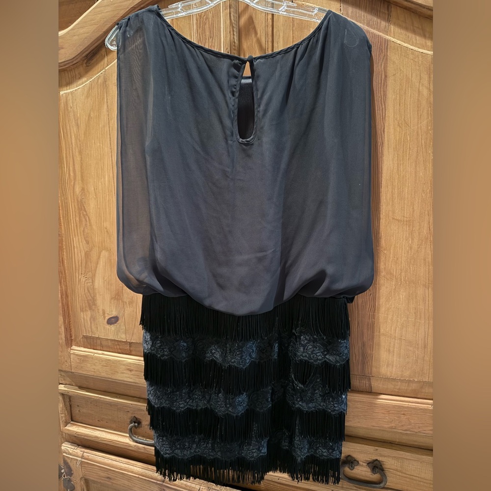 Aidan by Aidan Mattox Black Blouson Fringe Detail Keyhole Dress Size 8 US - Picture 7 of 12